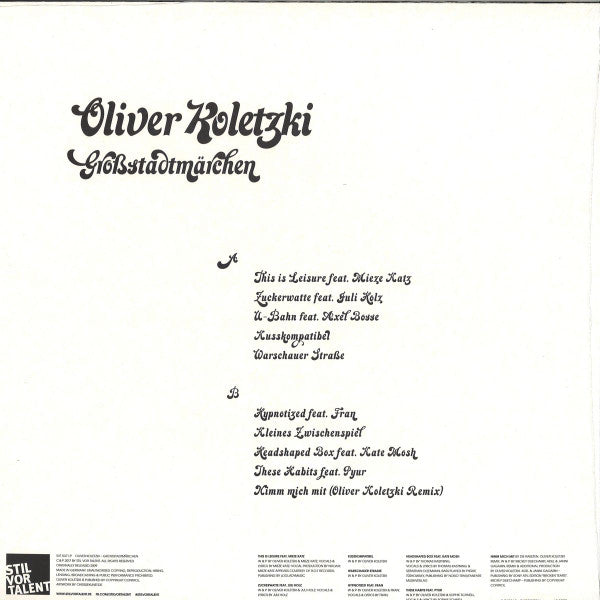 Oliver Koletzki – Großstadtmärchen (LP, Stil Vor Talent, 2017) Back Cover