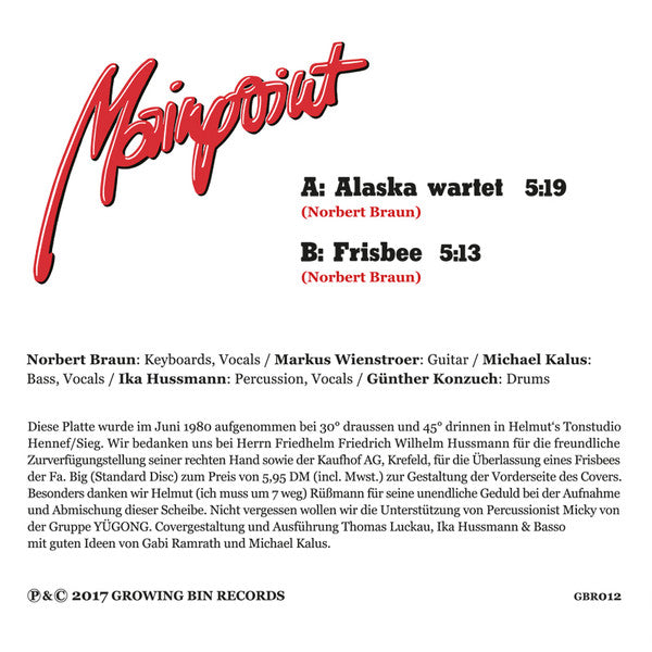 Mainpoint – Alaska Wartet / Frisbee (7", Growing Bin Records, 2017) Back Cover