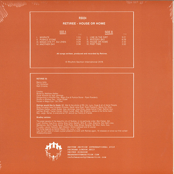 Retiree – House Or Home (LP, Rhythm Section International, 2018) Back Cover