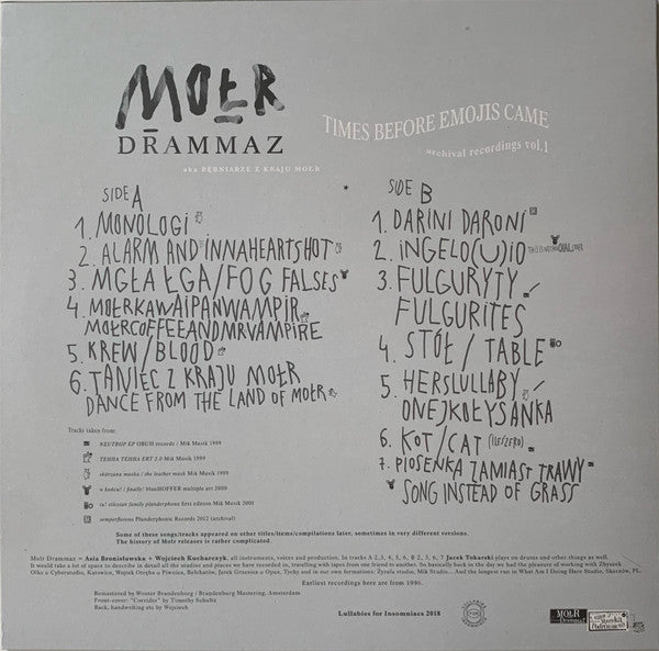 Mołr Drammaz – Times Before Emojis Came (LP, Lullabies For Insomniacs, 2018) Back Cover