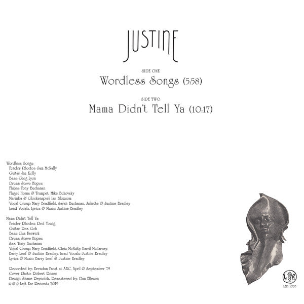 Justine – Wordless Songs (12", Left Ear Records, 2019) Back Cover