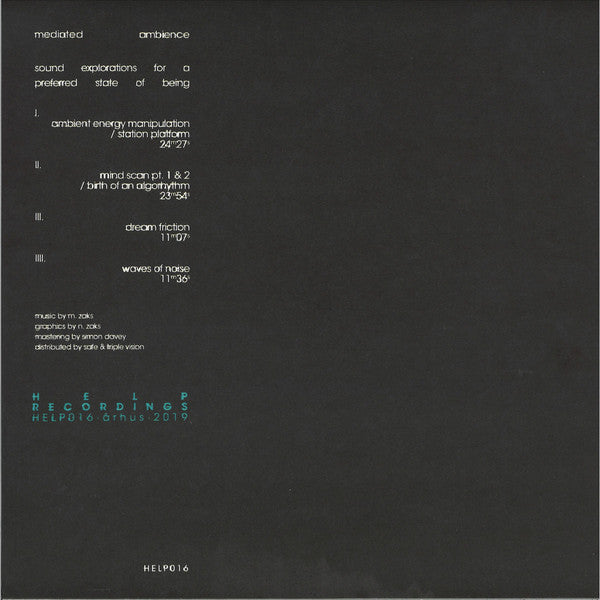 Mediated Ambience – Sound Explorations For A Preferred State Of Being (2xLP, Help Recordings, 2019) Back Cover