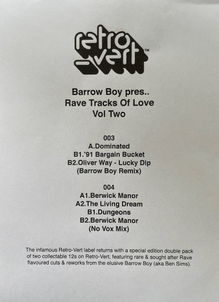 Barrow Boy – Rave Tracks Of Love Vol Two - Disk 1 (12", Blue, Retro-Vert, 2021) Back Cover