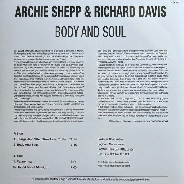 Archie Shepp Richard Davis – Body And Soul (LP, Enja Records, 2023) Back Cover