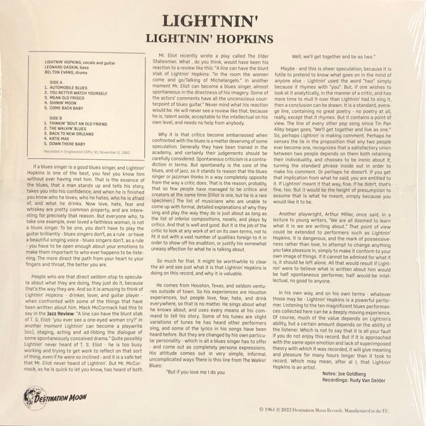 Lightnin' Hopkins – Lightnin' (The Blues Of Lightnin' Hopkins) (LP, Clear, Destination Moon, 2023) Back Cover