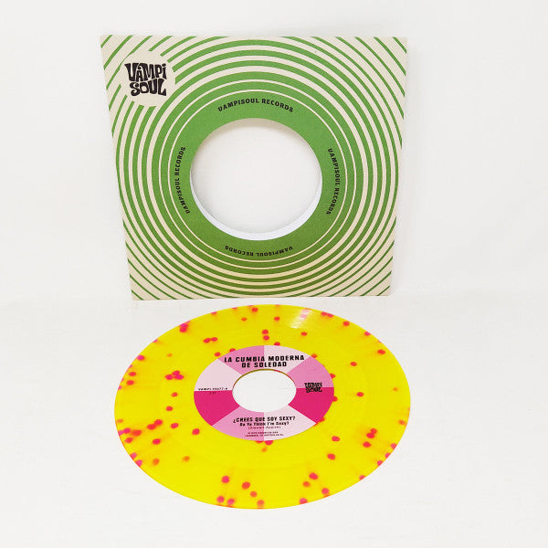 La Cumbia Moderna De Soledad Machuca Cumbia – ¿Crees Que Soy Sexy? Da Ya Think I’m Sexy? / Staying Alive (7", Yellow & Pink Splatter, Vampi Soul, 2024) Back Cover