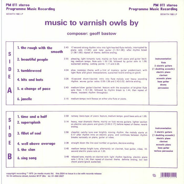 Geoff Bastow – Music To Varnish Owls By (LP, Be With Records, 2024) Back Cover