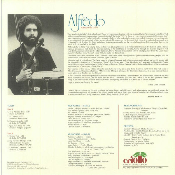 Alfredo De La Fé – Alfredo (LP, Mr Bongo, 2025) Back Cover