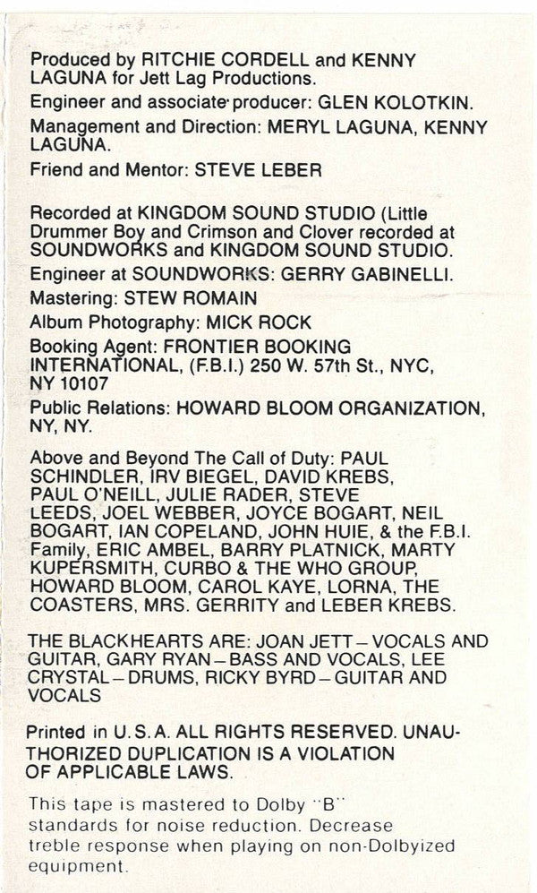 Joan Jett & The Blackhearts – I Love Rock 'N Roll (Cassette, The Boardwalk Entertainment Co, 1981) Image 5