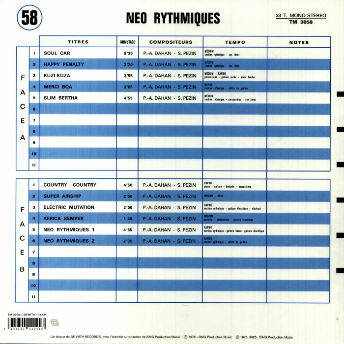 Pierre-Alain Dahan Slim Pezin – Neo Rythmiques (LP, Be With Records, 2023) Back Cover