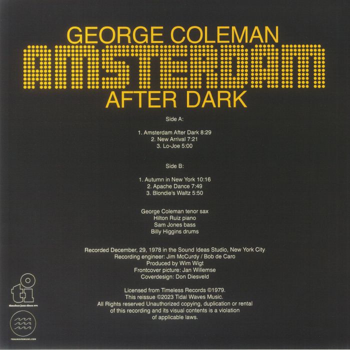 George Coleman – Amsterdam After Dark (LP, Clear, Tidal Waves Music, 2023) Back Cover