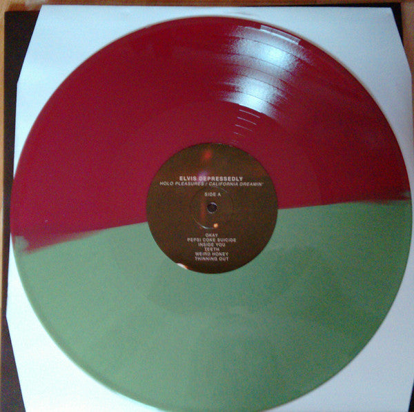 Elvis Depressedly – Holo Pleasures / California Dreamin' (LP, Oxblood / Olive Split, Run For Cover Records, 2016) Back Cover