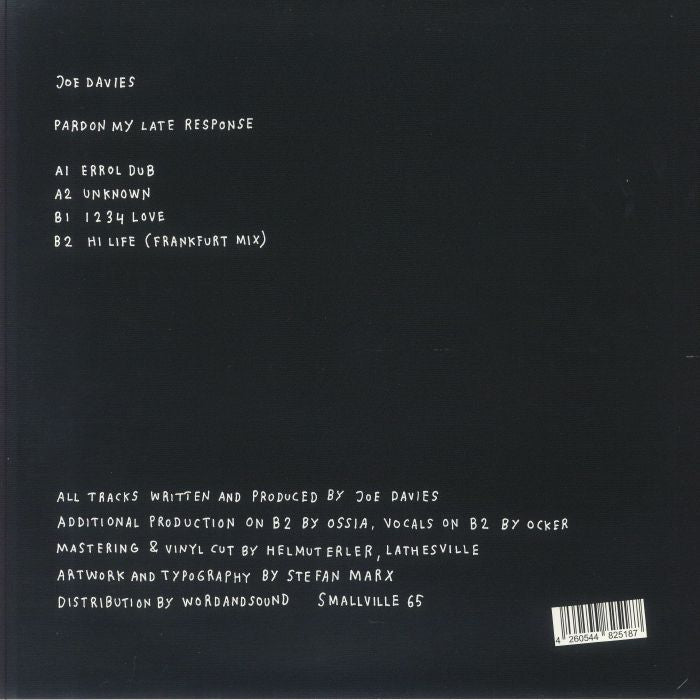 Joe Davies – Pardon My Late Response (12", Smallville Records, 2024) Back Cover