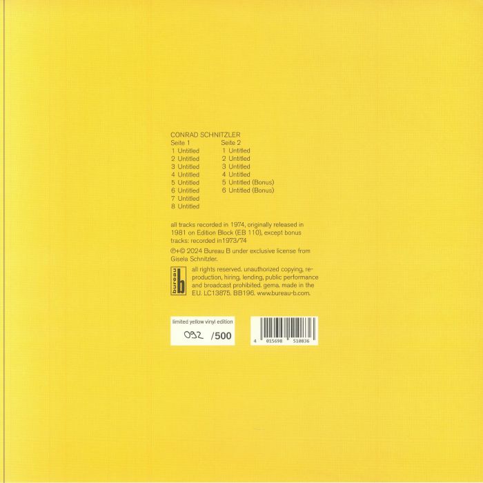Conrad Schnitzler – Gelb (LP, Yellow, Bureau B, 2024) Back Cover