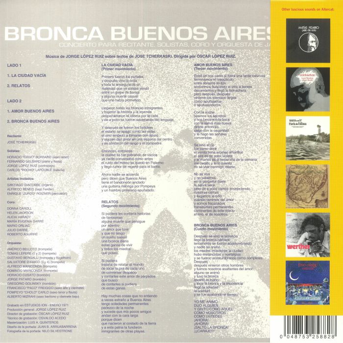 Jorge López Ruiz – Bronca Buenos Aires (LP, Altercat Records, 2022) Back Cover