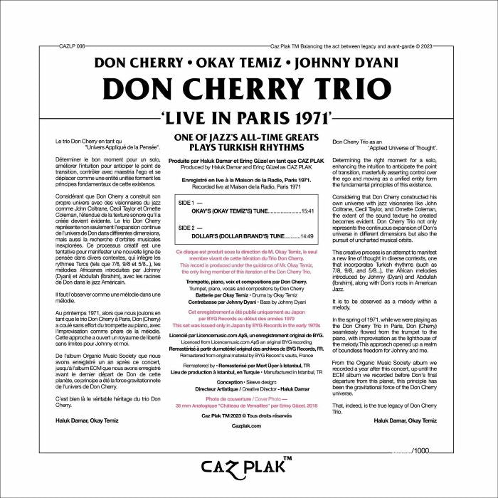 Don Cherry Okay Temiz Johnny Dyani Don Cherry Trio – Live In Paris 1971 (The ORTF Recordings) (LP, CAZ PLAK, 2023) Back Cover