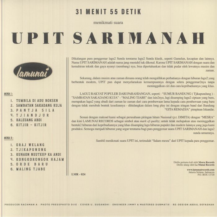Upit Sarimanah – Upit Sarimanah (LP, La Munai Records, 2025) Back Cover
