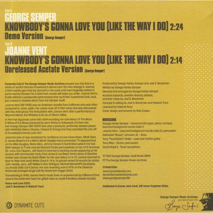 George Semper Joanne Vent – Knowbody's Gonna Love You (Like The Way I Do) (7", Dynamite Cuts, 2020) Back Cover
