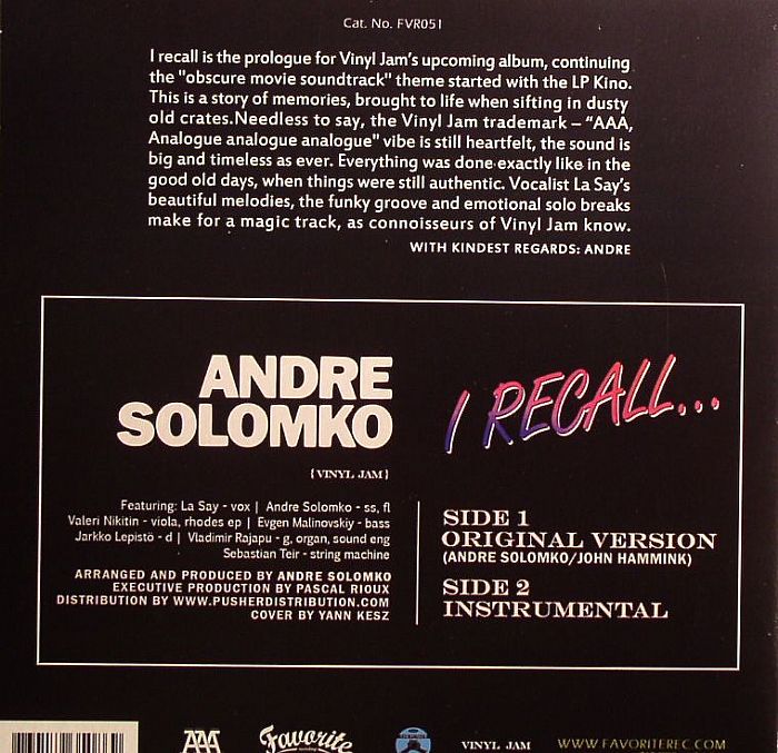 Andre Solomko Vinyl Jam – I Recall (7", Favorite Recordings, 2011) Back Cover