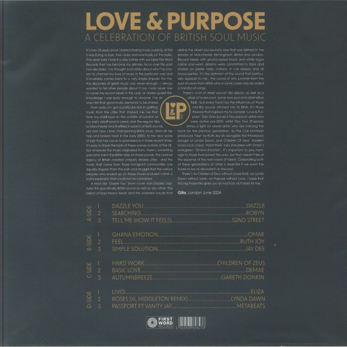 Various – Love & Purpose: A Celebration of British Soul Music (2xLP, First Word Records, 2024) Back Cover
