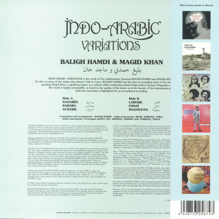 Baligh Hamdi Magid Khan – Indo-Arabic Variations (LP, Altercat Records, 2022) Back Cover