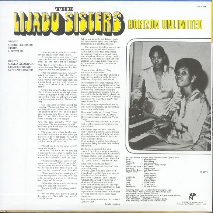 Lijadu Sisters – Horizon Unlimited (LP, Green, Numero Group, 2024) Back Cover