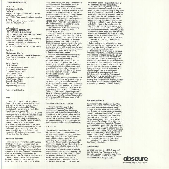 Christopher Hobbs John Adams Gavin Bryars – Ensemble Pieces (LP, Dialogo, 2025) Back Cover