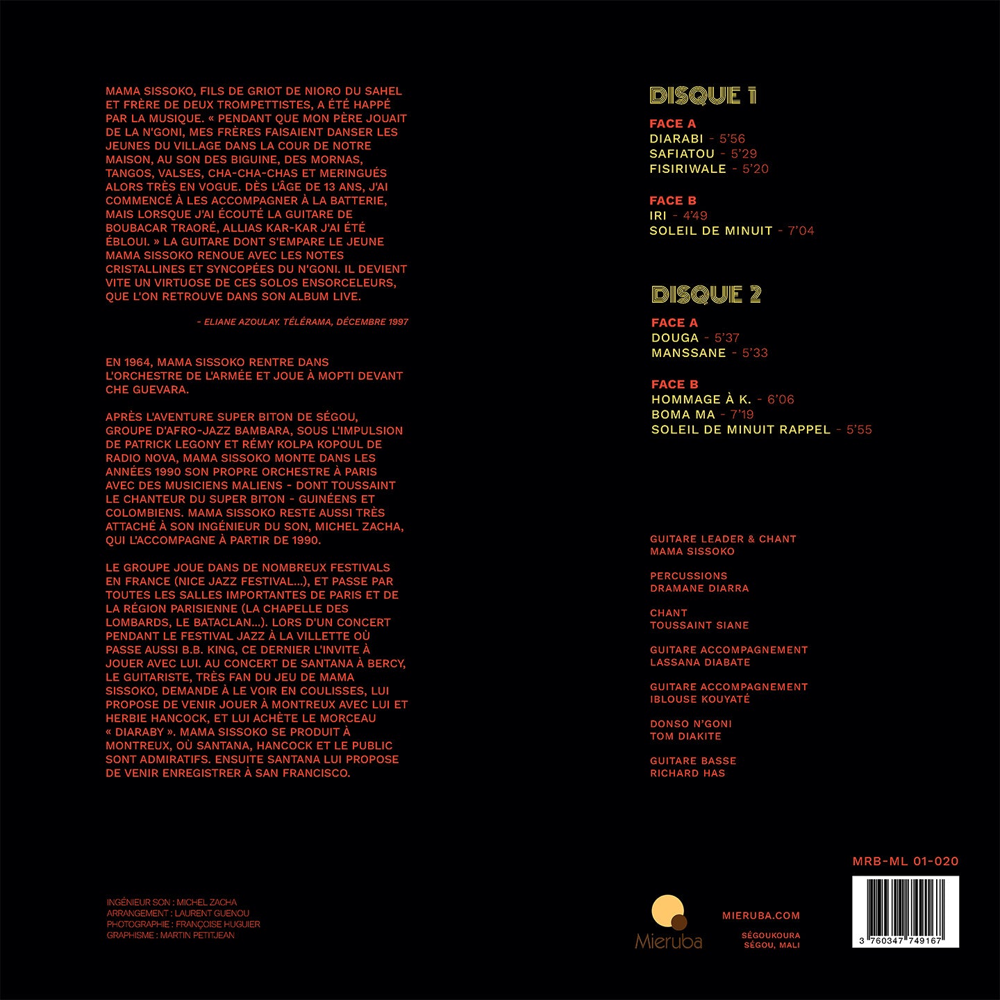 Mama Sissoko – Live (2xLP, Gatefold, Mieruba, 2024) Back Cover