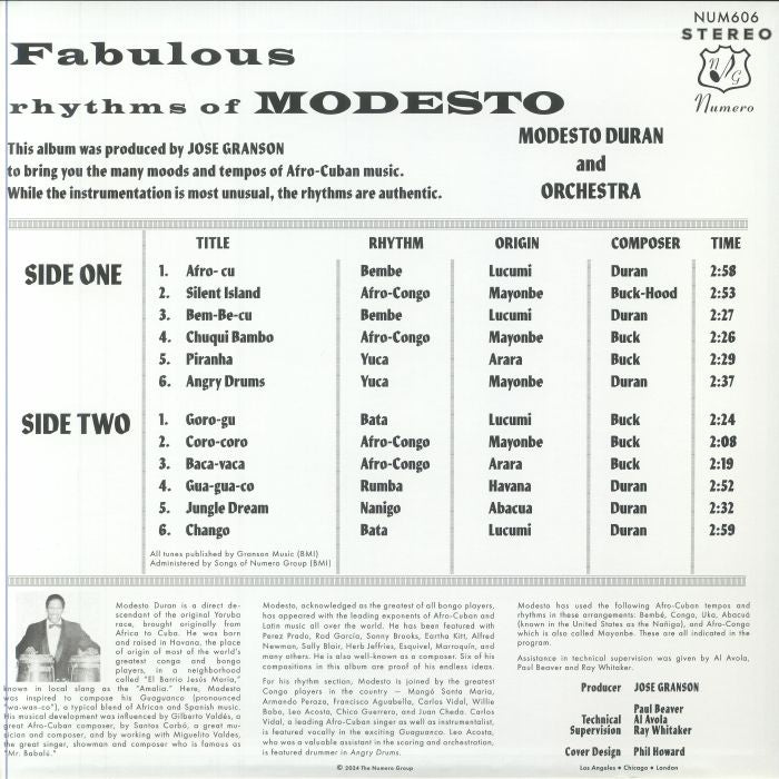 Modesto Duran – Fabulous Rhythms Of Modesto (LP, Num Note, 2024) Back Cover