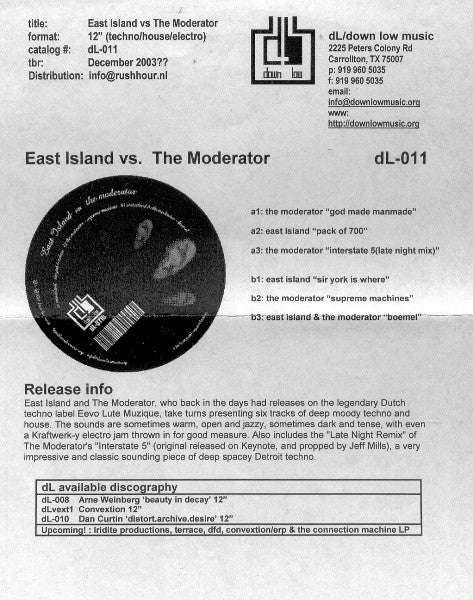 East Island vs. The Moderator – Untitled (12", Down Low Music, 2003) Back Cover