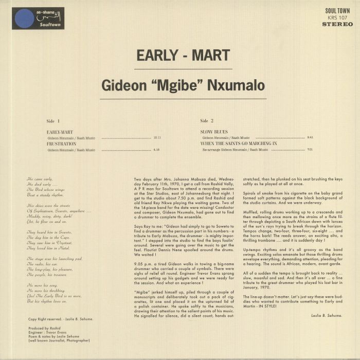 Gideon "Mgibe" Nxumalo – Early-Mart (LP, Soultown, 2022) Back Cover