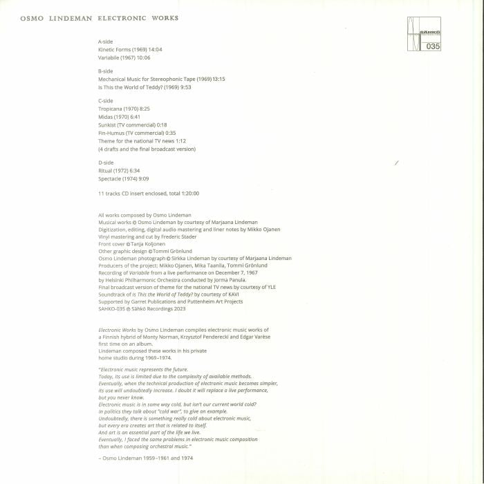 Osmo Lindeman – Electronic Works (2xLP+CD, Sähkö Recordings, 2023) Back Cover
