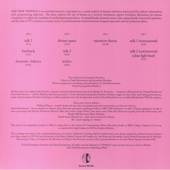 Jacqueline Humbert David Rosenboom – Daytime Viewing (1979-1980) (2xLP, Unseen Worlds, 2023) Back Cover