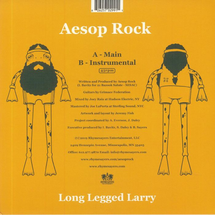 Aesop Rock – Long Legged Larry (7", Green, Rhymesayers Entertainment, 2021) Back Cover