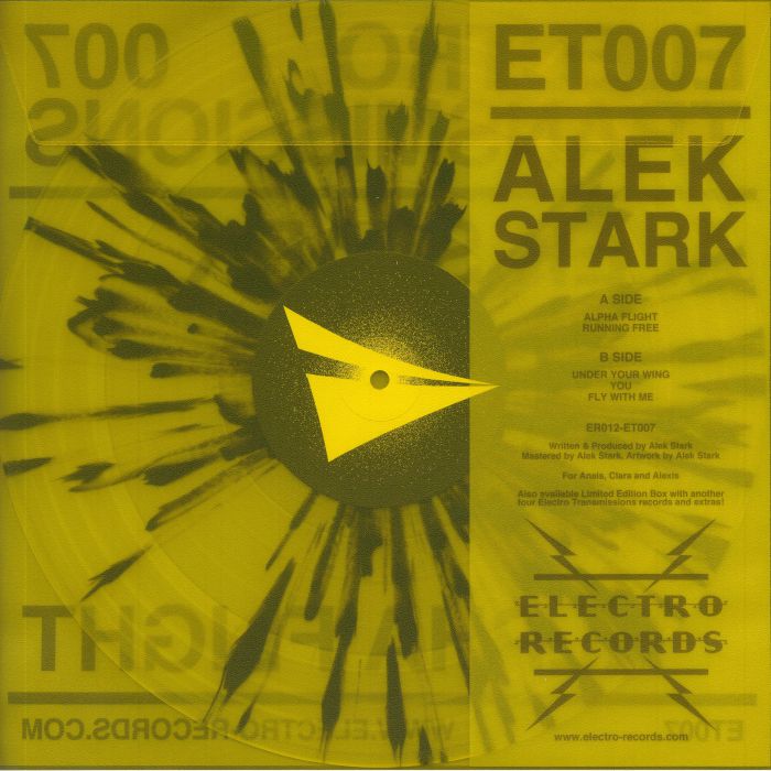 Alek Stark – Alpha Flight EP (12", Yellow / Black Splatter, Electro Records, 2021) Back Cover