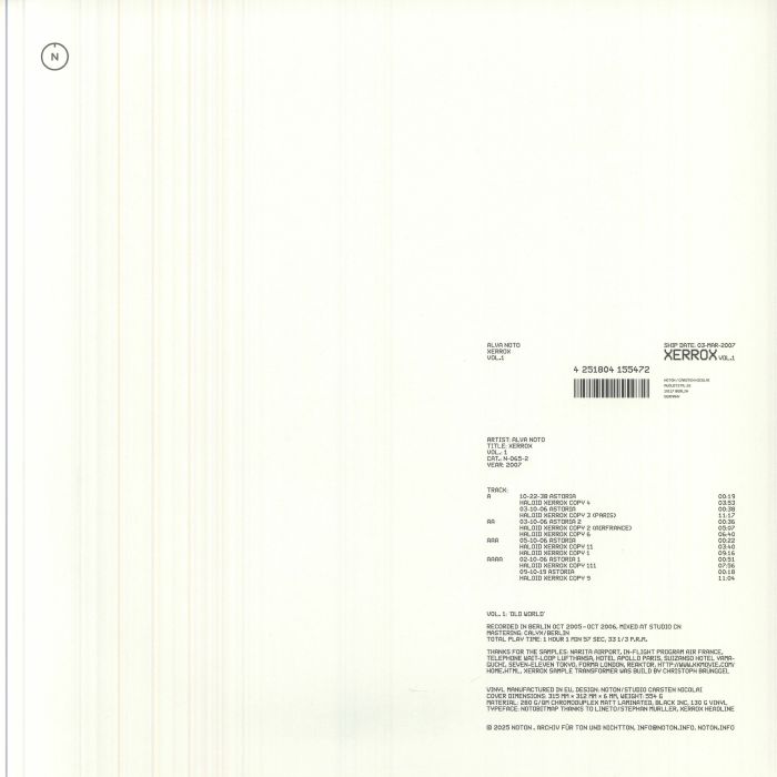 Alva Noto – Xerrox Vol.1 (2xLP, Noton, 2026) Back Cover