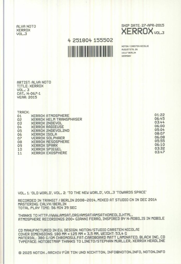 Alva Noto – Xerrox Vol.3 (Remaster) (CD, Noton, 2026) Back Cover
