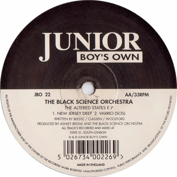 The Black Science Orchestra – The Altered States E.P (12", Junior Boy's Own, 1994) Back Cover