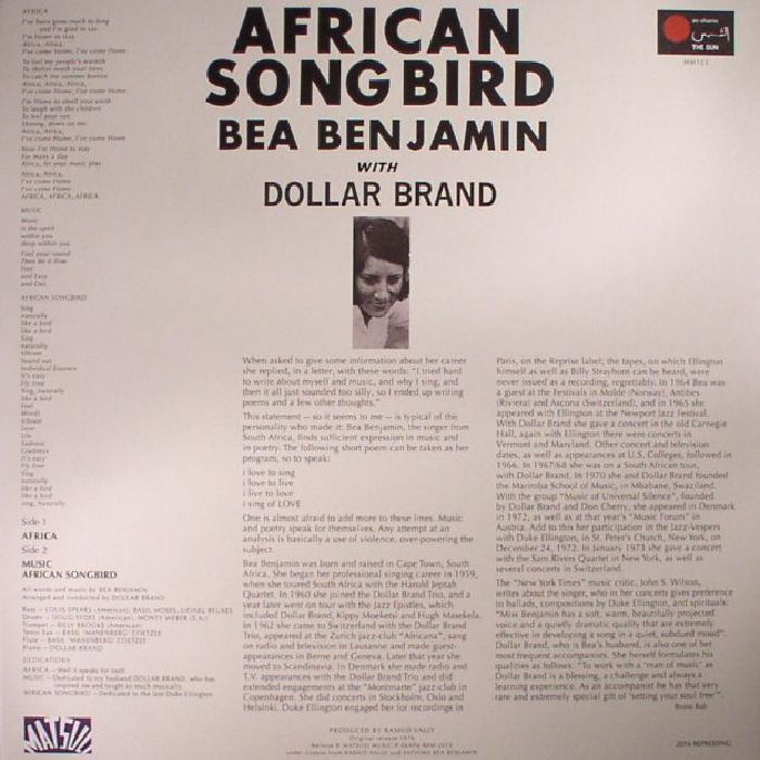Bea Benjamin With Dollar Brand – African Songbird (LP, Matsuli Music, 2016) Back Cover