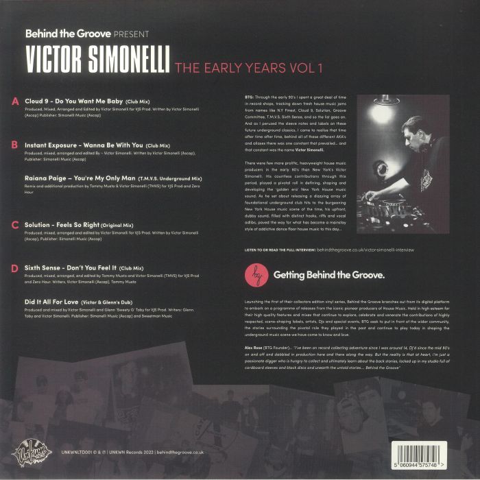 Behind The Groove Victor Simonelli – The Early Years Vol 1 (2x12", Unkwn Rec's, 2023) Back Cover