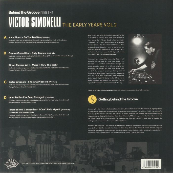 Behind The Groove Victor Simonelli – The Early Years Vol 2 (2x12", Unkwn Rec's, 2023) Back Cover