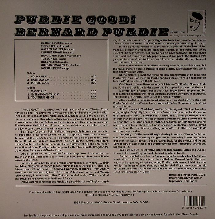 Bernard Purdie – Purdie Good! (LP, BGP Records, 1993) Back Cover