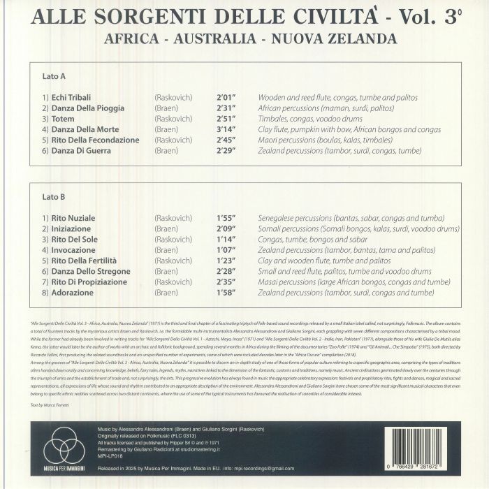 Braen , Raskovich – Alle Sorgenti Delle Civiltà - Vol. 3 - Africa - Australia - Nuova Zelanda (LP, Musica Per Immagini, 2026) Back Cover