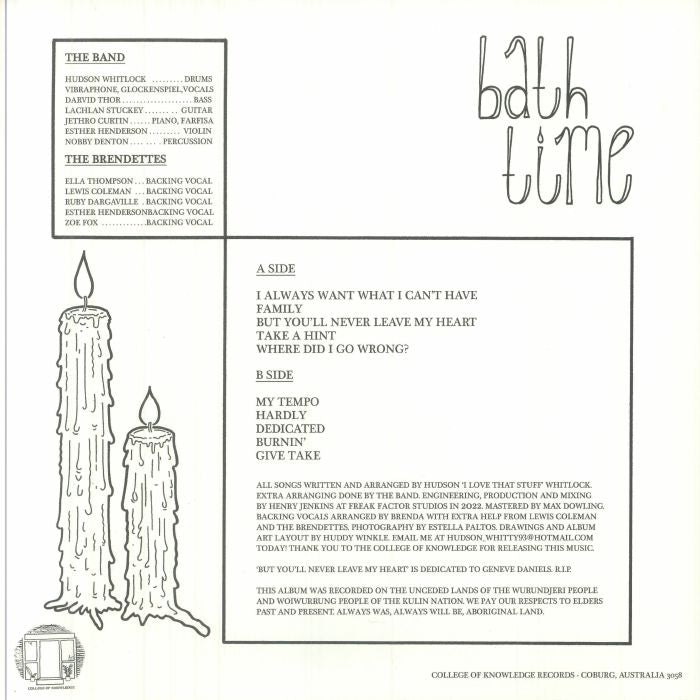 Brenda – Bath Time (LP, Black Ice, Orange & Blue Splatter, College Of Knowledge Records, 2025) Back Cover