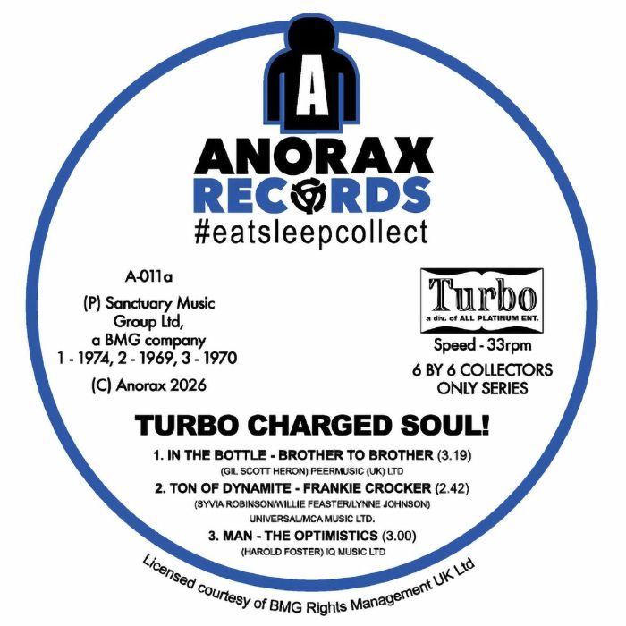 Brother To Brother / Frankie 'LOVEMAN' Crocker / Optimistics / Willie & West / The New Sounds / Larry Saunders – Turbo Charged Soul: 6 By 6 Collectors Only Series (10", Anorax, 2026) Back Cover
