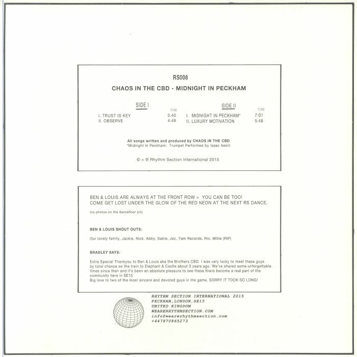 Chaos In The CBD – Midnight In Peckham (12", Rhythm Section International, 2021) back cover