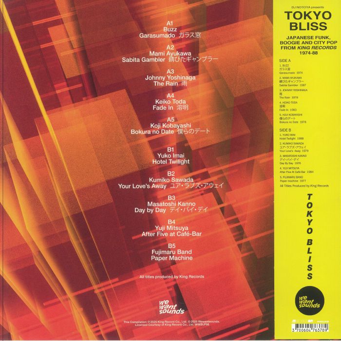 DJ Notoya – Tokyo Bliss (Japanese Funk, Boogie And City Pop From King Records 1974-88) (LP, Wewantsounds, 2025) Back Cover