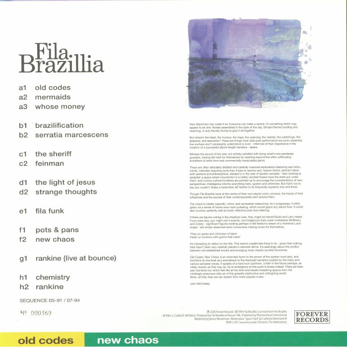 Fila Brazillia – Old Codes New Chaos (4xLP, Forever Records, 2026) Back Cover