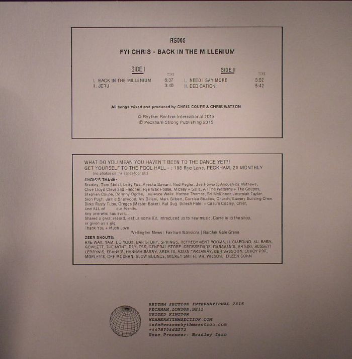 FYI Chris – Back In The Millenium (12", Rhythm Section International, 2015) Back Cover