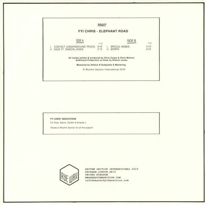 FYI Chris – Elephant Road (12", Rhythm Section International, 2019) Back Cover